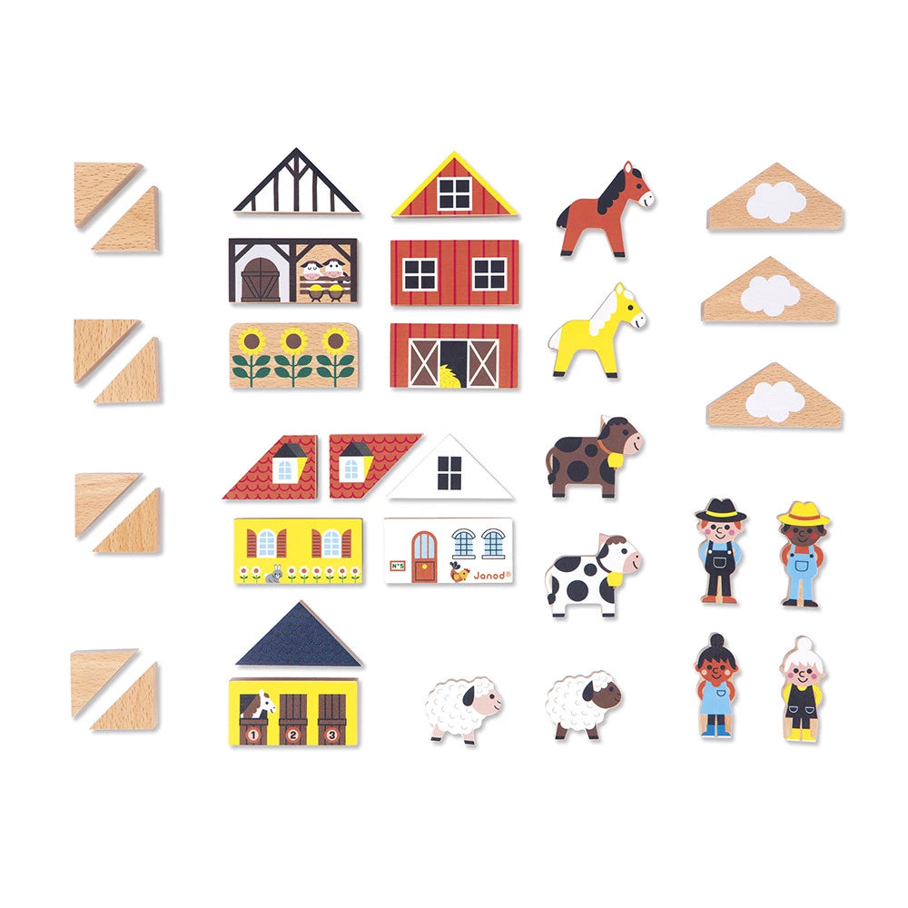 Janod Set Wooden Blocks Countryside - Cross Roads